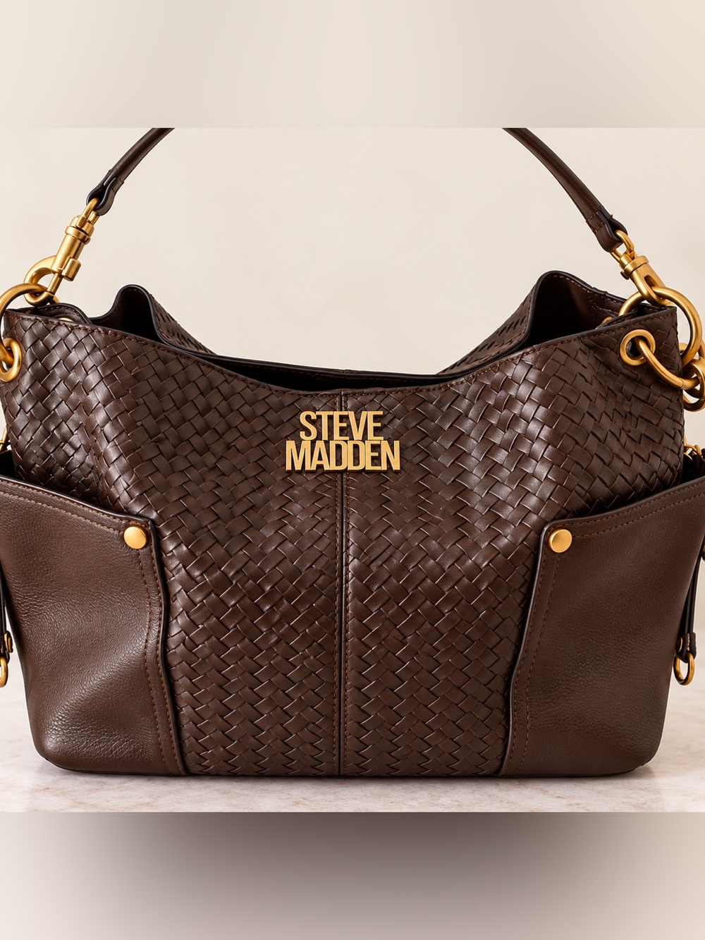 Steve Madden Dark Brown Woven Leather Shoulder Bag with Gold Hardware